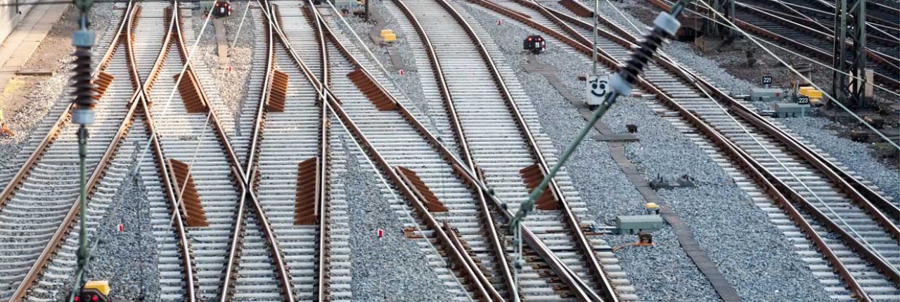 top perspective view on many railway track lines
